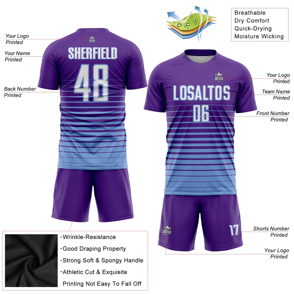 Purple White Light Blue Pinstripe Fade Fashion Sublimation Soccer Uniform Jersey, Custom Team Soccer Jersey Shirt