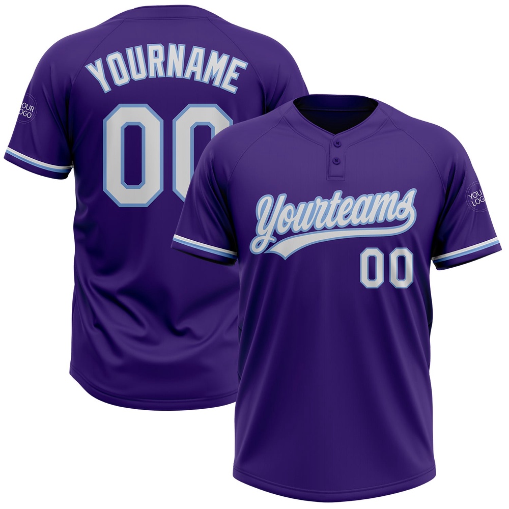 Purple White Light Blue Two Button Unisex Softball Jersey, Custom Team Softball Jersey