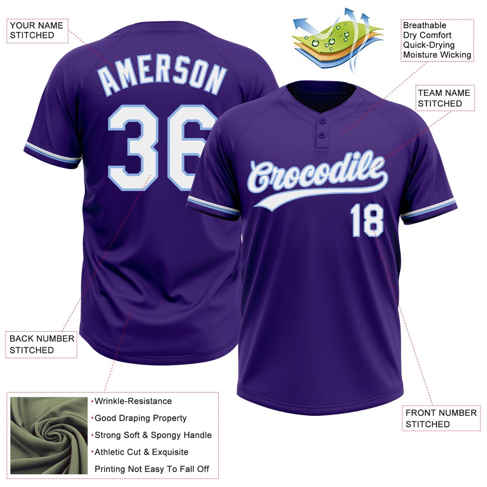 Purple White Light Blue Two Button Unisex Softball Jersey, Custom Team Softball Jersey