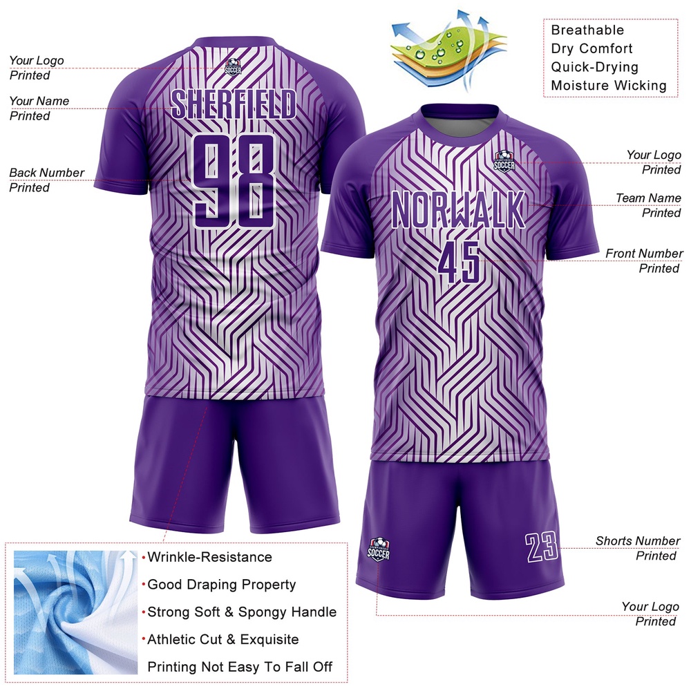 Purple White Lines Sublimation Soccer Uniform Jersey, Custom Team Soccer Jersey Shirt