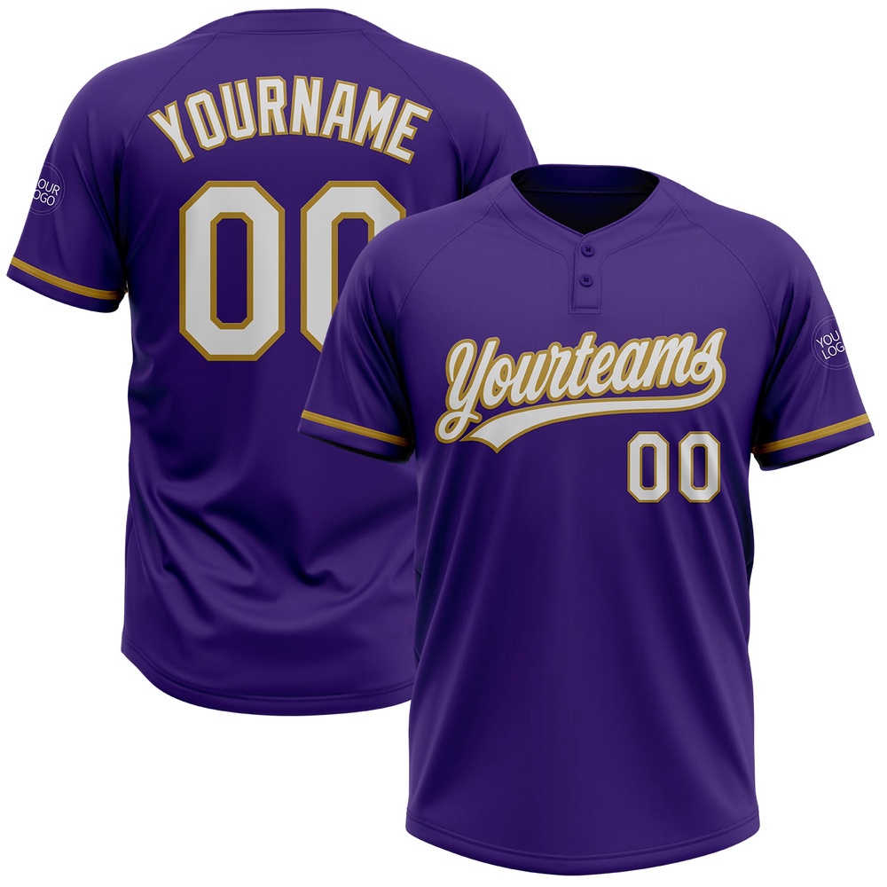 Purple White Old Gold Two Button Unisex Softball Jersey, Custom Team Softball Jersey