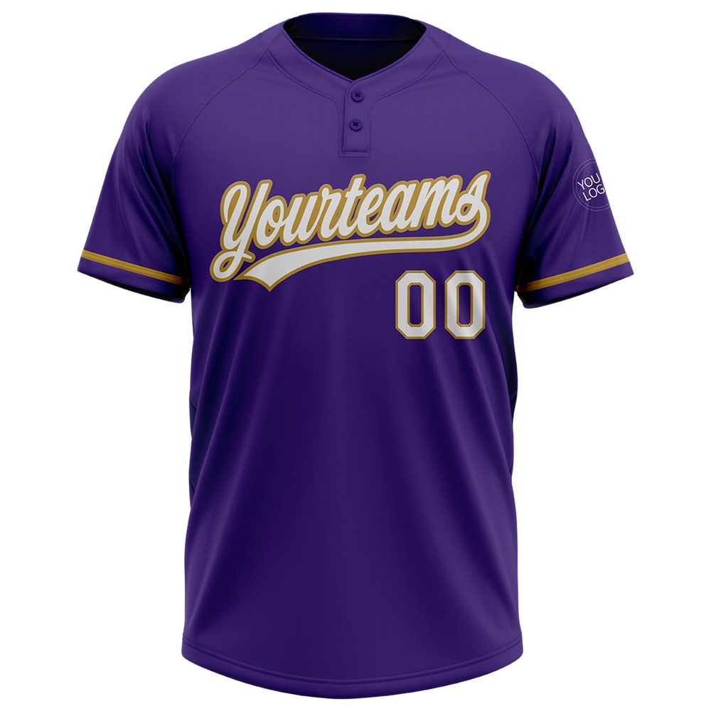 Purple White Old Gold Two Button Unisex Softball Jersey, Custom Team Softball Jersey