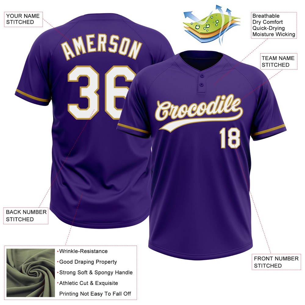 Purple White Old Gold Two Button Unisex Softball Jersey, Custom Team Softball Jersey
