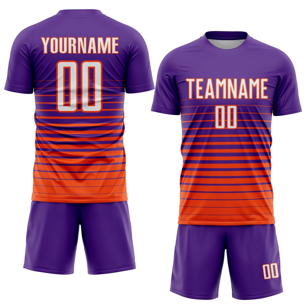 Purple White Orange Pinstripe Fade Fashion Sublimation Soccer Uniform Jersey, Custom Team Soccer Jersey Shirt