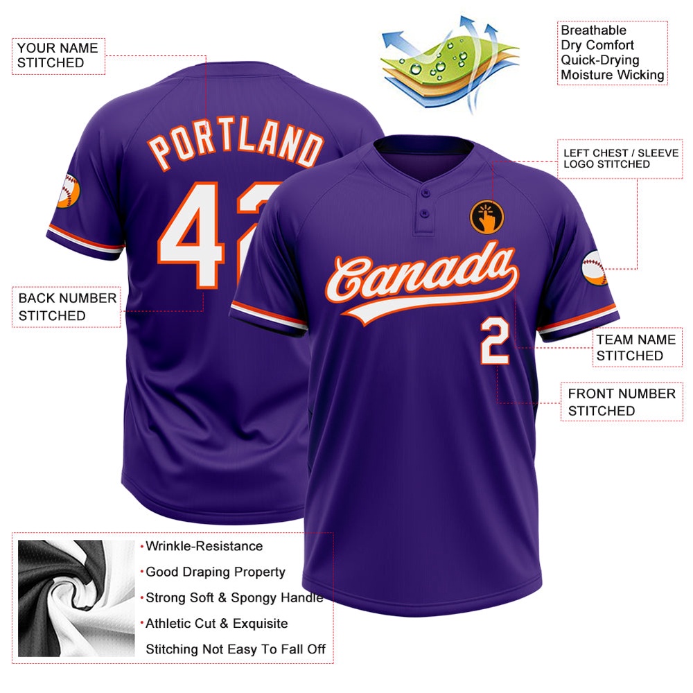 Purple White Orange Two Button Unisex Softball Jersey, Custom Team Softball Jersey