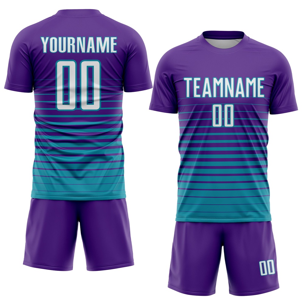Purple White Teal Pinstripe Fade Fashion Sublimation Soccer Uniform Jersey, Custom Team Soccer Jersey Shirt