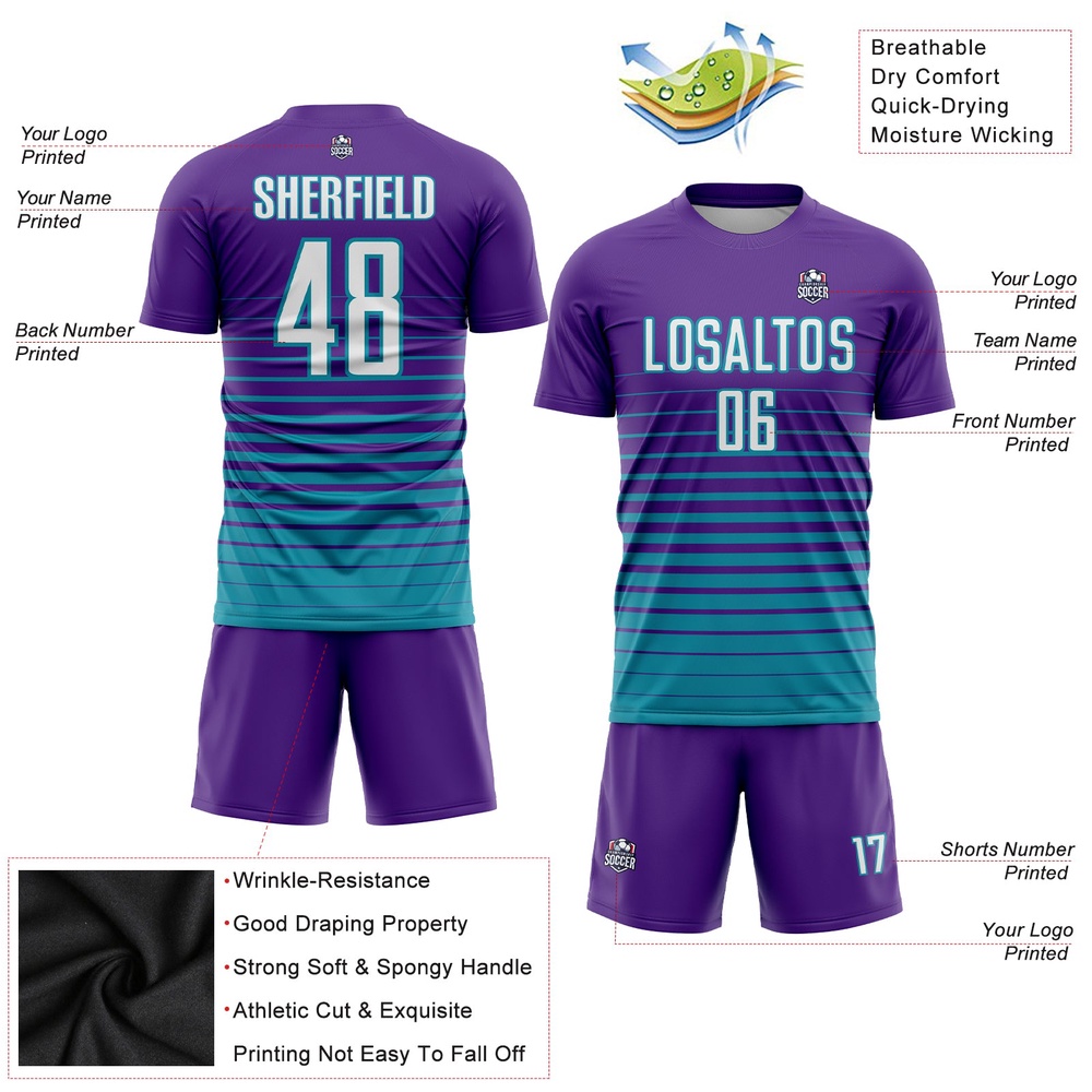 Purple White Teal Pinstripe Fade Fashion Sublimation Soccer Uniform Jersey, Custom Team Soccer Jersey Shirt