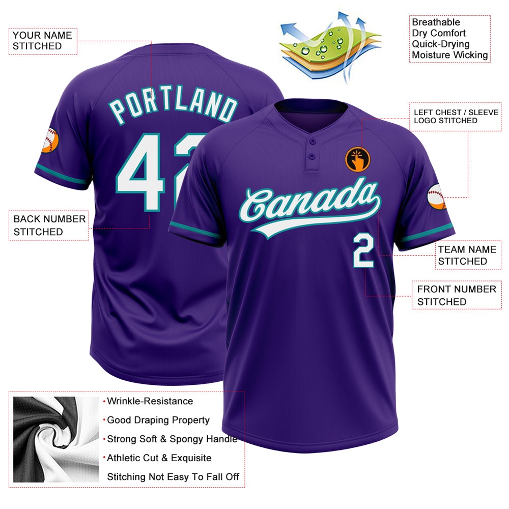 Purple White Teal Two Button Unisex Softball Jersey, Custom Team Softball Jersey