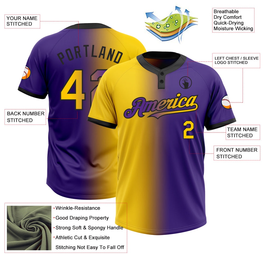 Purple Yellow Black Gradient Fashion Two Button Unisex Softball Jersey, Custom Team Softball Jersey