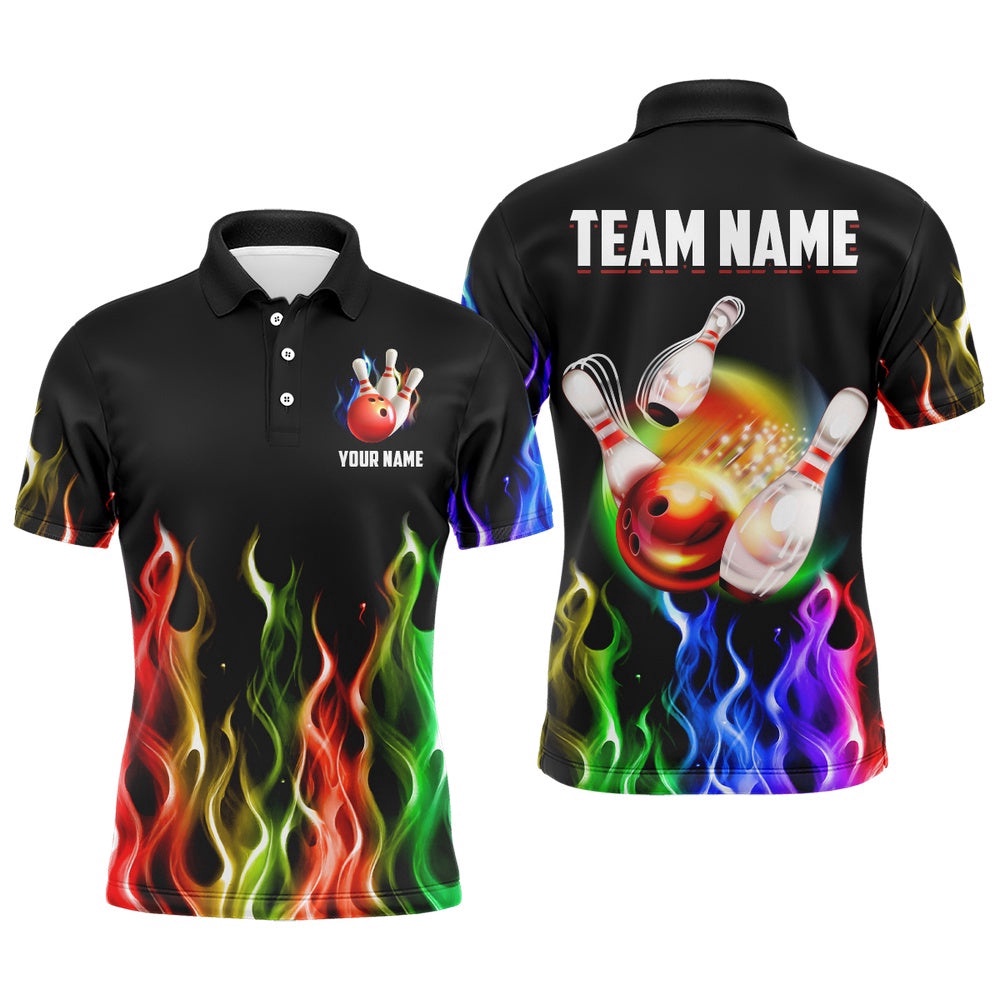 Rainbow Flame Bowling Polo Shirt For Men Bowling Team Shirts Bowling Polo Shirt, Personalized Bowling Team Shirt