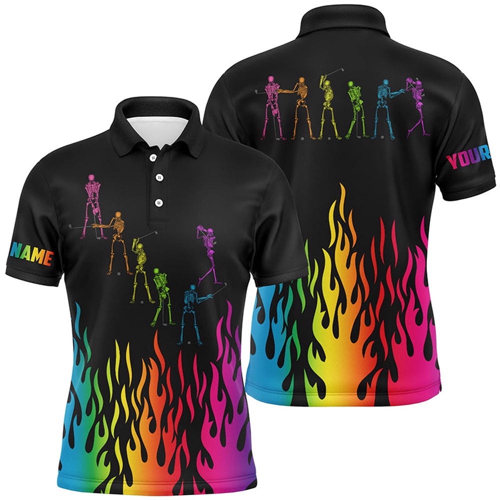 Rainbow Flame Golf Skeleton Custom Black Men’s Black Men’s Golf Shirt, Golf Polo Shirt, Golf Shirts