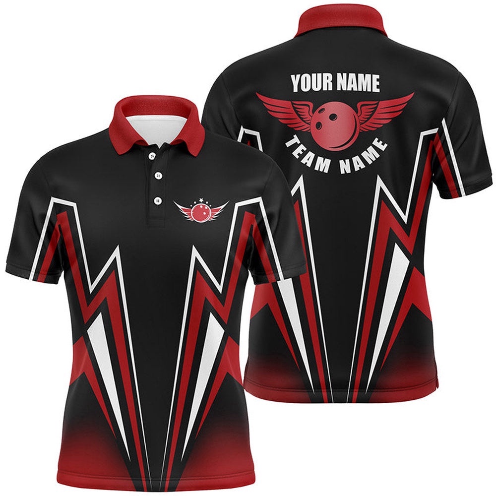 Red And Black Bowling Shirt Custom Lightning Bowling Polo Shirts For Men, Bowling Team Shirt Polo Shirt, Personalized Bowling Team Shirt