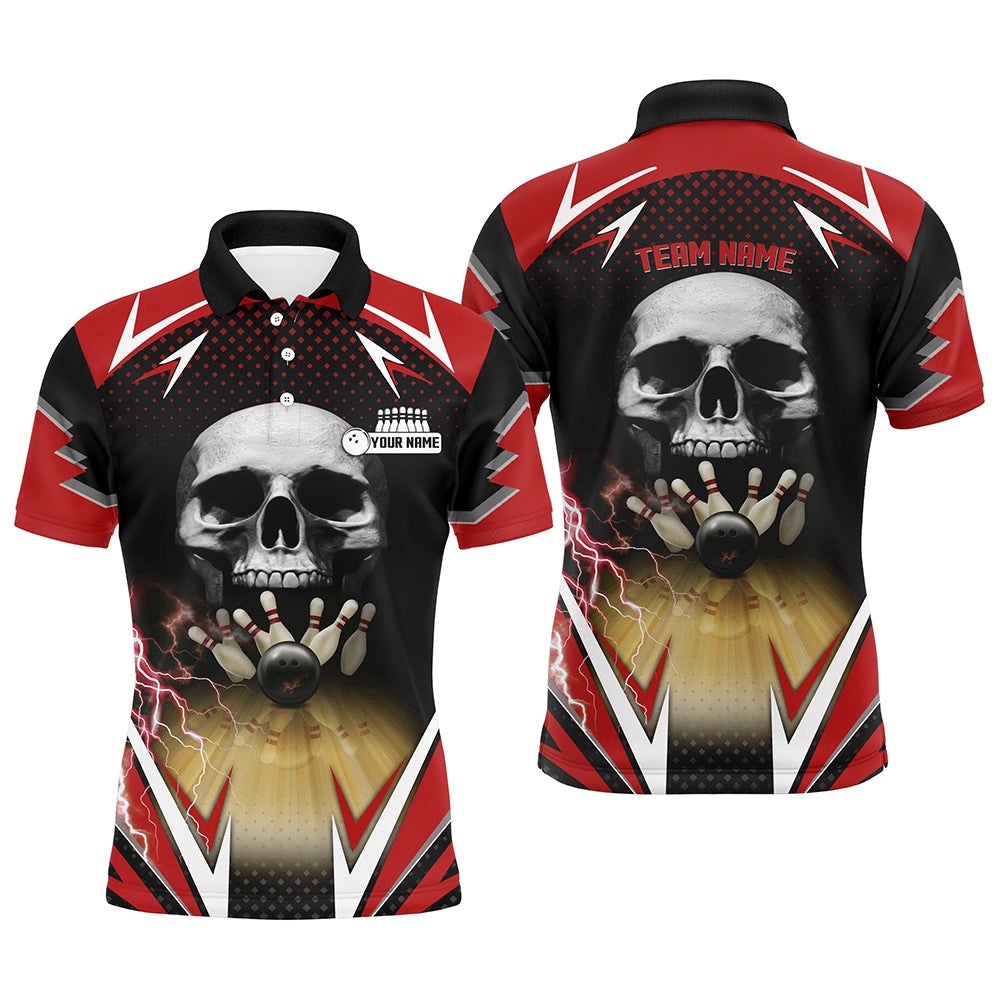 Red And Black Bowling Skull Polo Shirts For Men Custom Bowling Ball Pins Team League Polo Shirt, Personalized Bowling Team Shirt