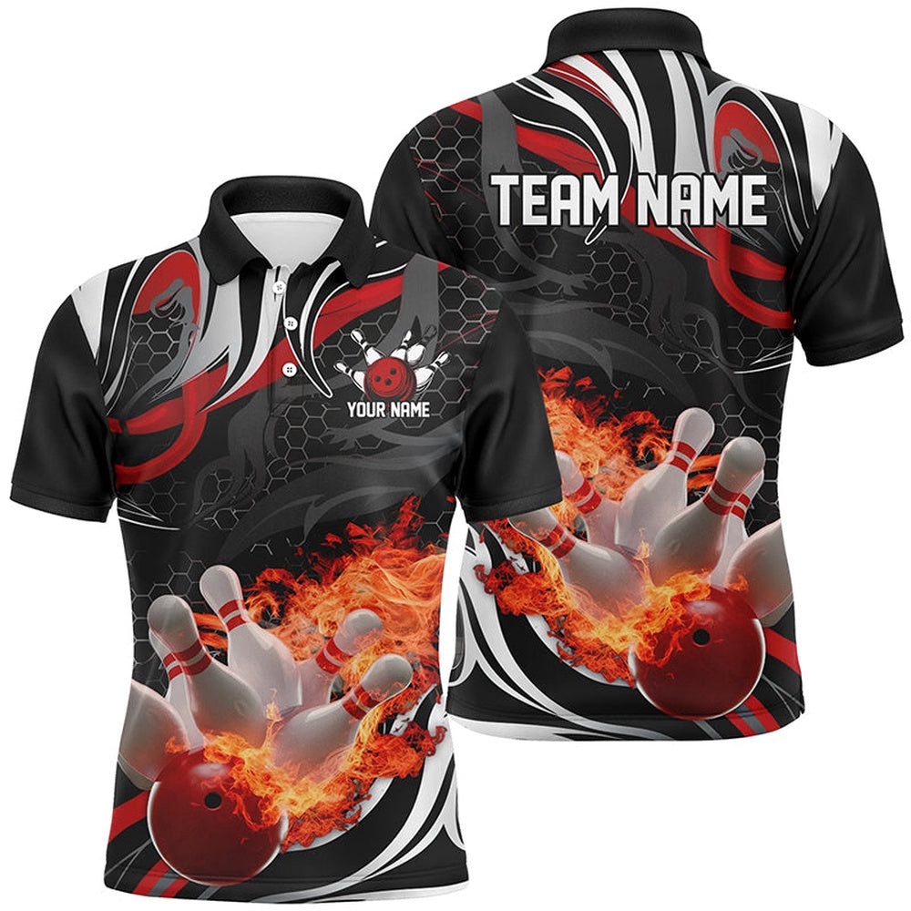 Red And Black Custom Flame Bowling Shirts For Men, Bowling Team Polo Shirts, Personalized Bowling Team Shirt