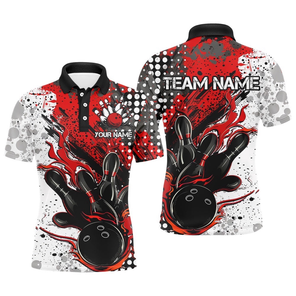 Red And Black Flame Bowling Team Shirts, Strike Bowling Short Sleeve Polo Shirts For Men, Personalized Bowling Team Shirt