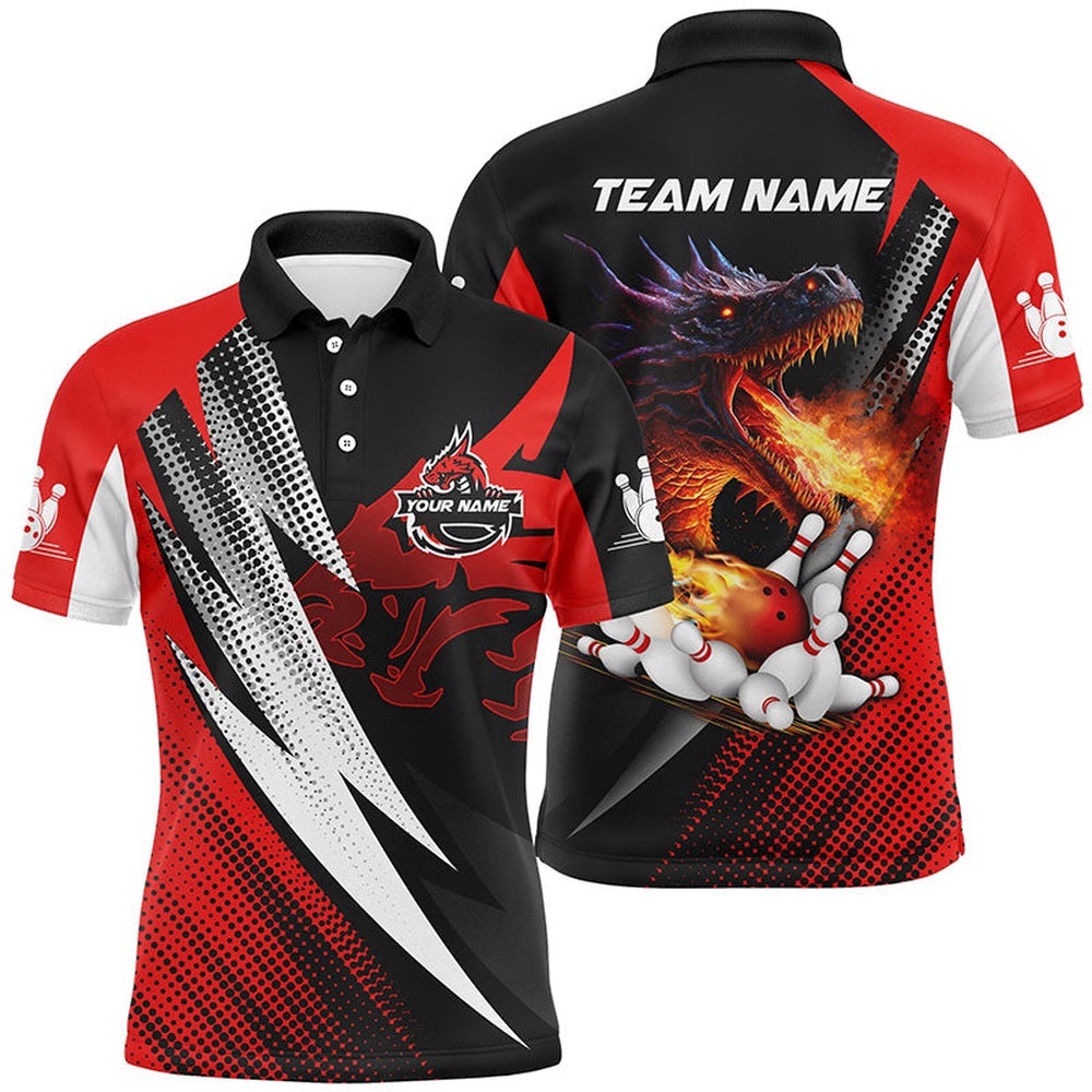 Red And Black Flame Dragon Bowling Balls Pins Custom Bowling Polo Shirts For Men, Team Bowling Polo Shirt, Personalized Bowling Team Shirt