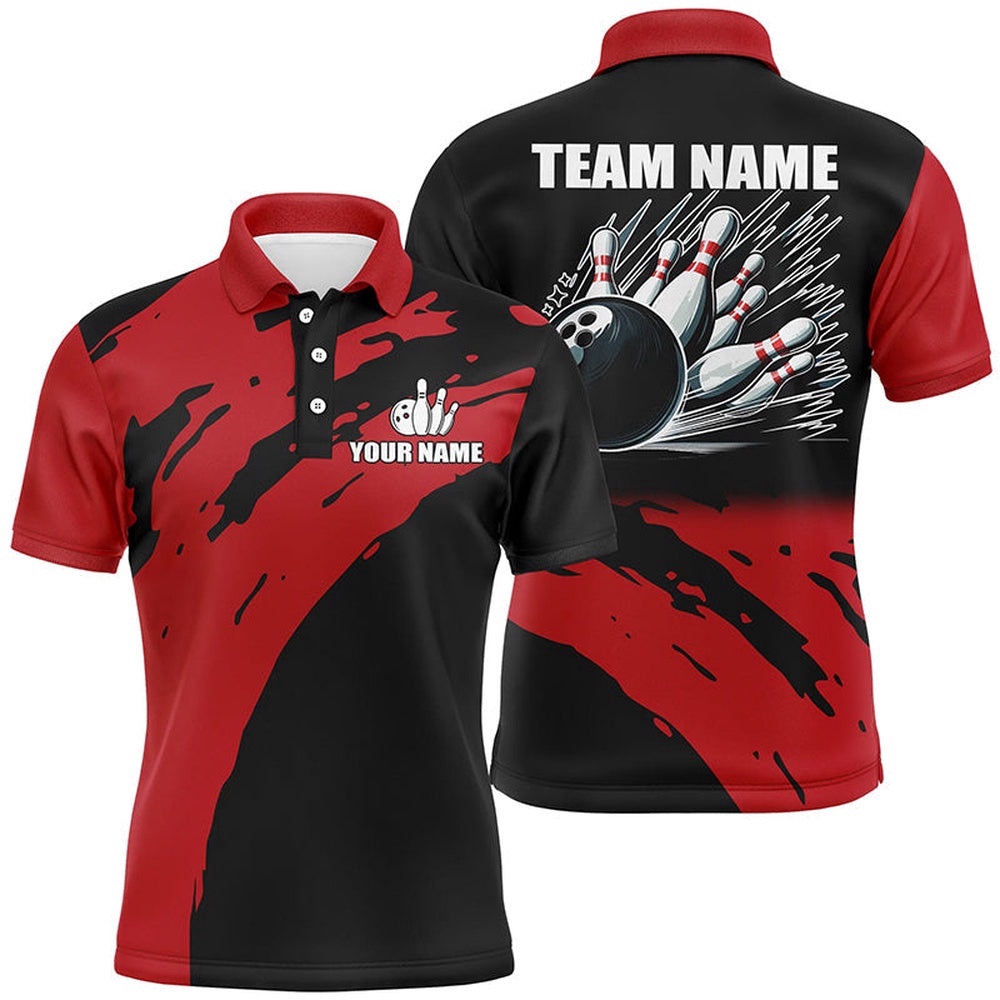 Red And Black Mens Bowling Polo Shirts Custom Team Bowling Polo Shirt, Gift For Team Mens Bowlers, Personalized Bowling Team Shirt