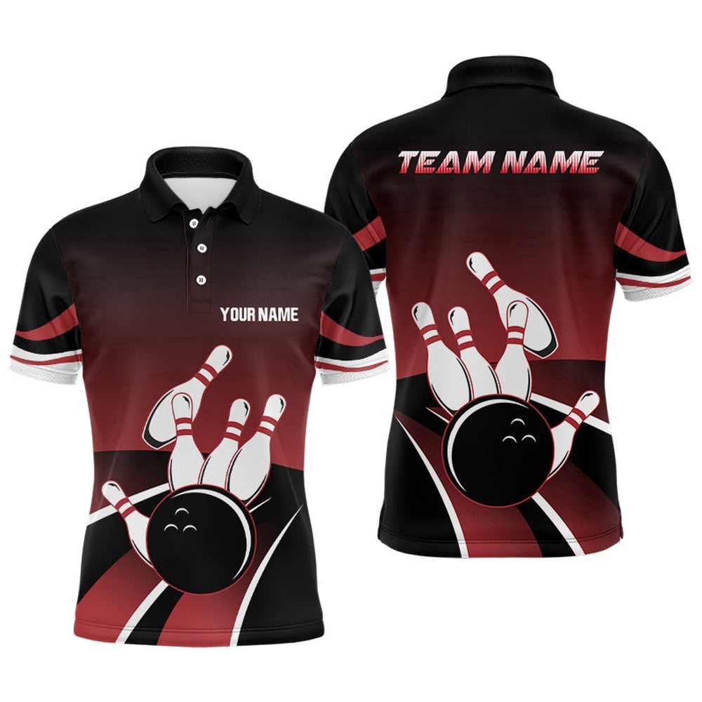 Red And Black Mens Polo Bowling Shirts Custom Bowling Ball Pins Team Polo Shirt, Gift For Team Bowlers, Personalized Bowling Team Shirt