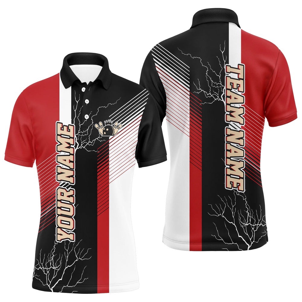 Red And Black Plaid Pattern Custom Bowling Polo Shirts For Men, Team Bowling Polo Shirt, Personalized Bowling Team Shirt