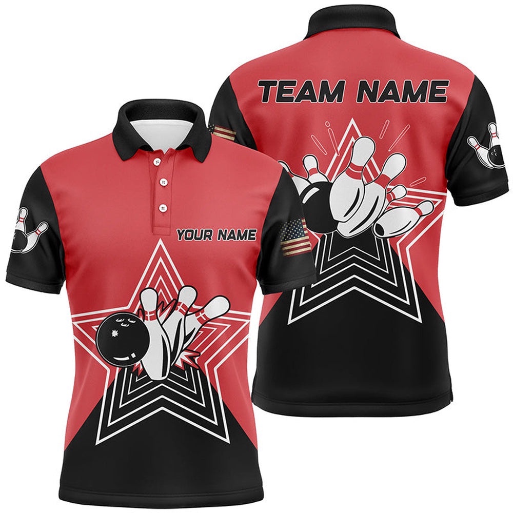 Red And Black Retro Bowling Ball Pins Star Custom Mens Polo Bowling Shirt Team League Polo Shirt, Personalized Bowling Team Shirt