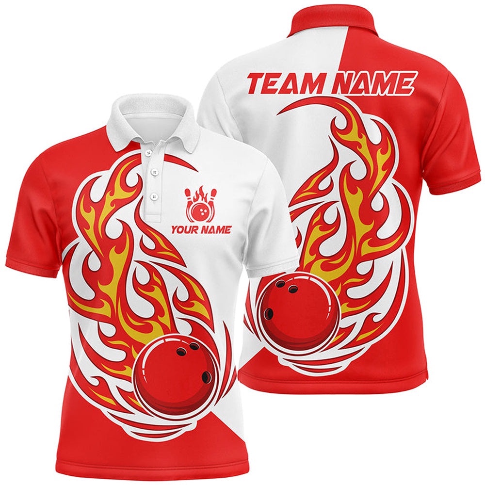 Red And White Bowling Ball Mens Bowling Polo Shirts Custom Skull Bowling Team Polo Shirt, Personalized Bowling Team Shirt