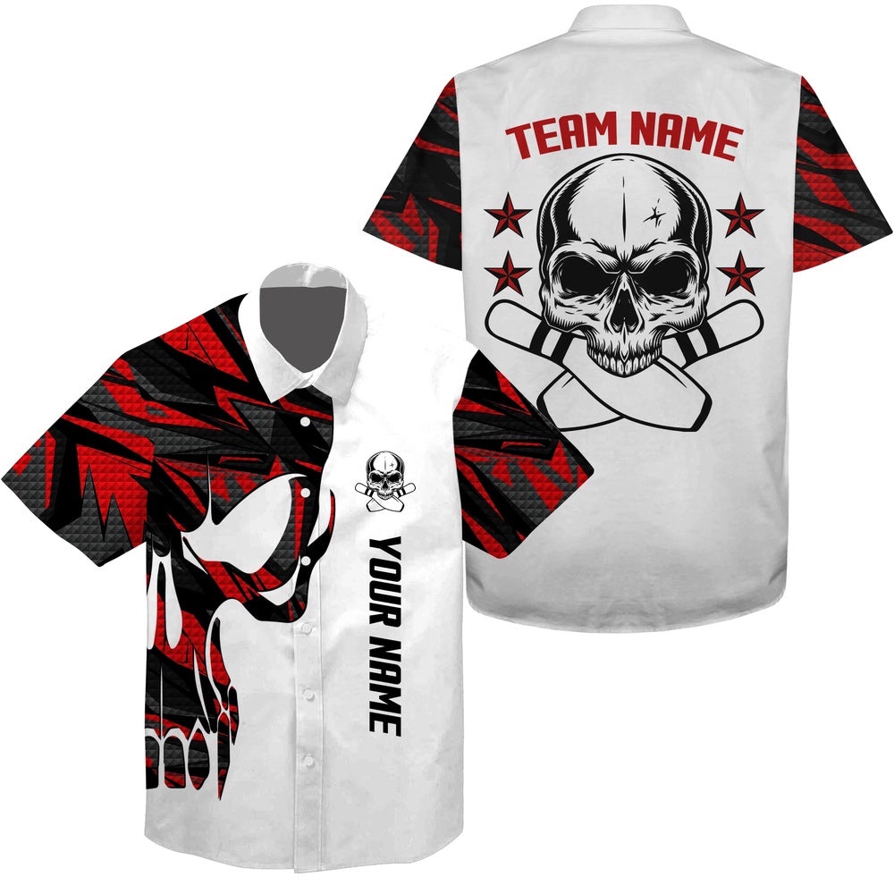 Red And White Bowling Hawaiian Shirt Skull Bowling, Custom Team Bowling Hawaiian Shirt