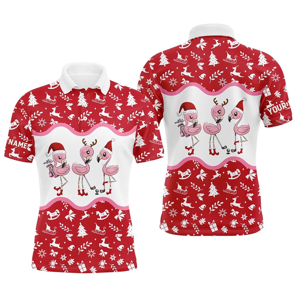 Red And White Christmas Pattern Men Golf Polo Shirt Custom Flamingo Christmas Polo Shirts For Men, Golf Polo Shirt, Golf Shirts