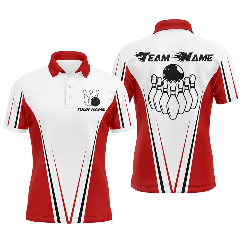 Red And White Men Bowling Shirt Custom Name Bowling Polo Shirt For Team Bowler Polo Shirt, Personalized Bowling Team Shirt