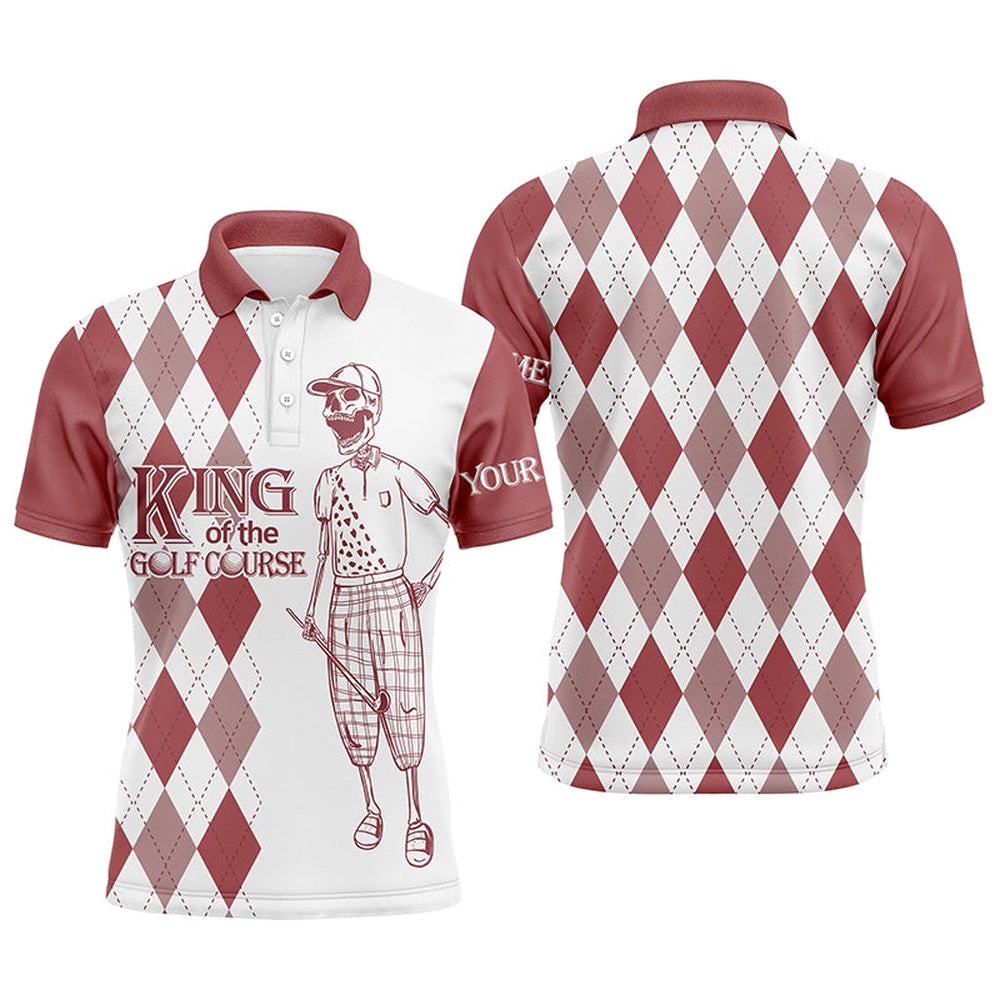 Red And White Plaid Pattern Golf Polo Shirts Custom King Of The Golf Course Skull Golf Polos For Men, Golf Polo Shirt, Golf Shirts