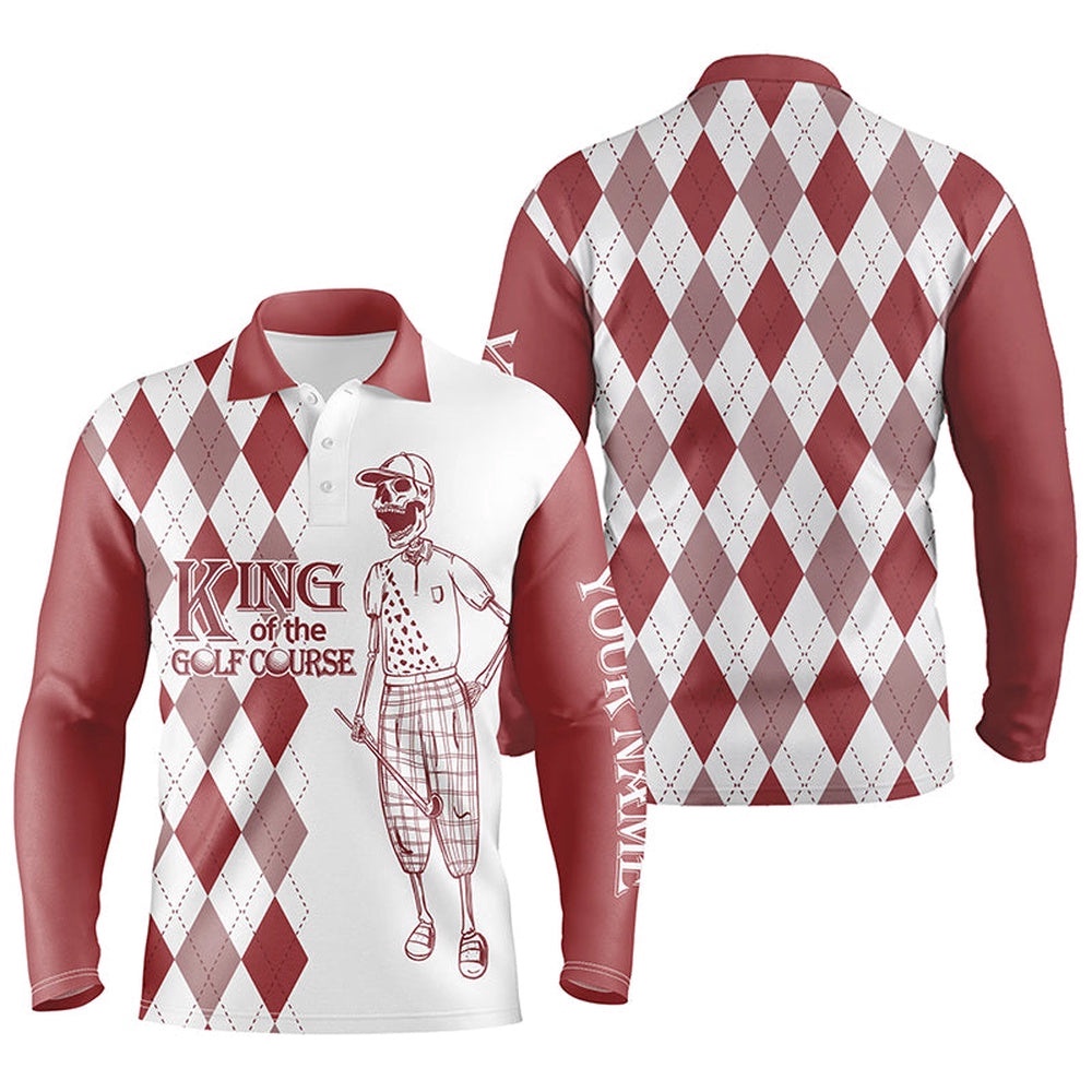 Red And White Plaid Pattern Golf Polo Shirts Custom King Of The Golf Course Skull Golf Polos For Men, Golf Polo Shirt, Golf Shirts