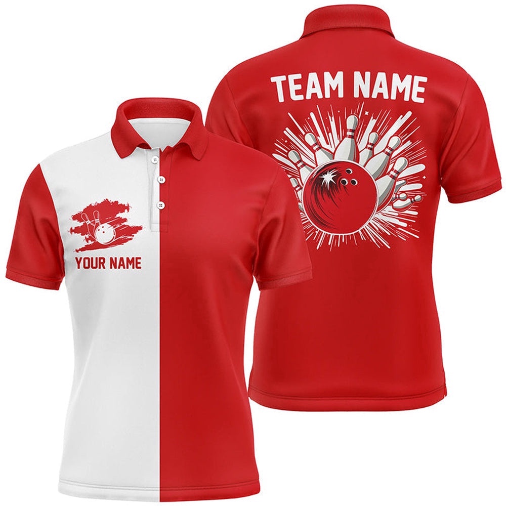 Red And White Retro Bowling Shirts For Men Custom Team Bowling Polo Shirt Gift For Bowlers, Personalized Bowling Team Shirt