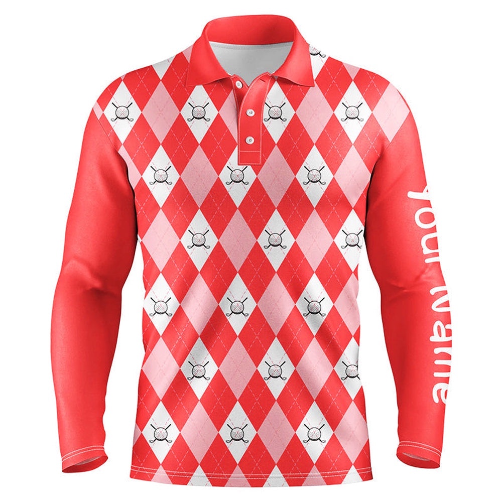 Red Argyle Plaid Pattern Men’s Golf Polos Shirts Custom Golf Shirts For Men, Golf Polo Shirt, Golf Shirts
