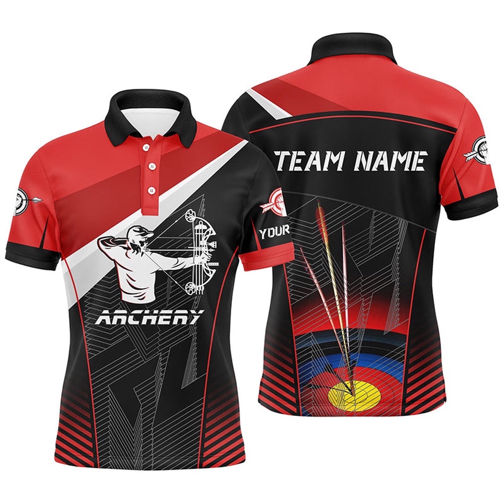 Red Black Archery Target Name Men Polo Shirts Custom Archery Polo For Team, Custom Archery Team Polo Shirt
