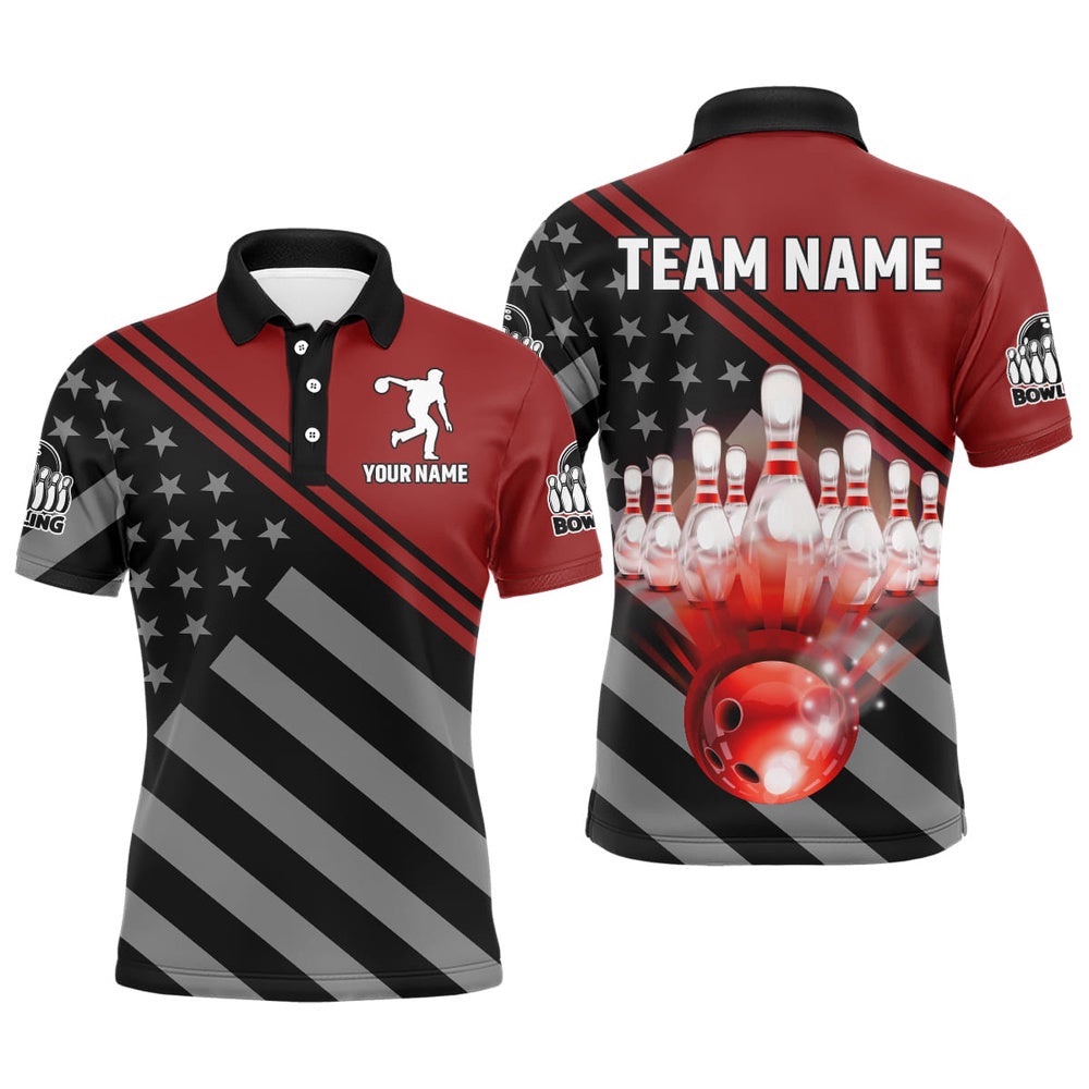 Red&Black Bowling Polo Shirt For Men Custom Bowling Shirt American Flag Bowling Polo Shirt, Personalized Bowling Team Shirt