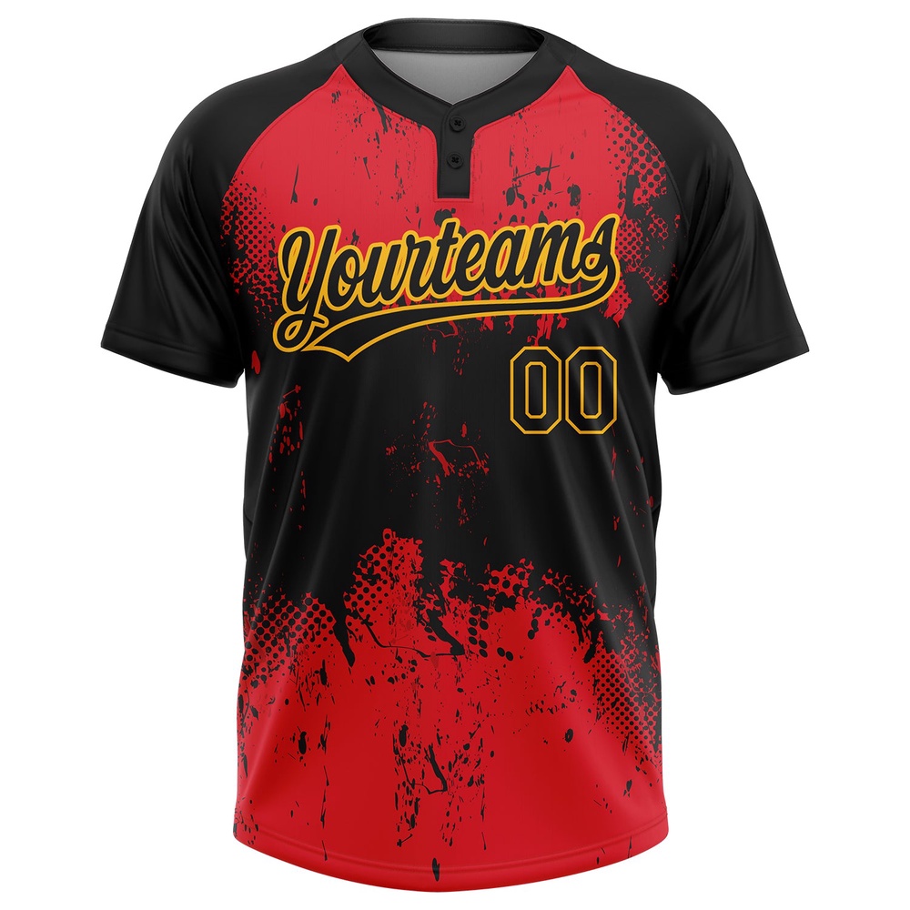 Red Black Gold 3D Pattern Two Button Unisex Softball Jersey, Custom Team Softball Jersey