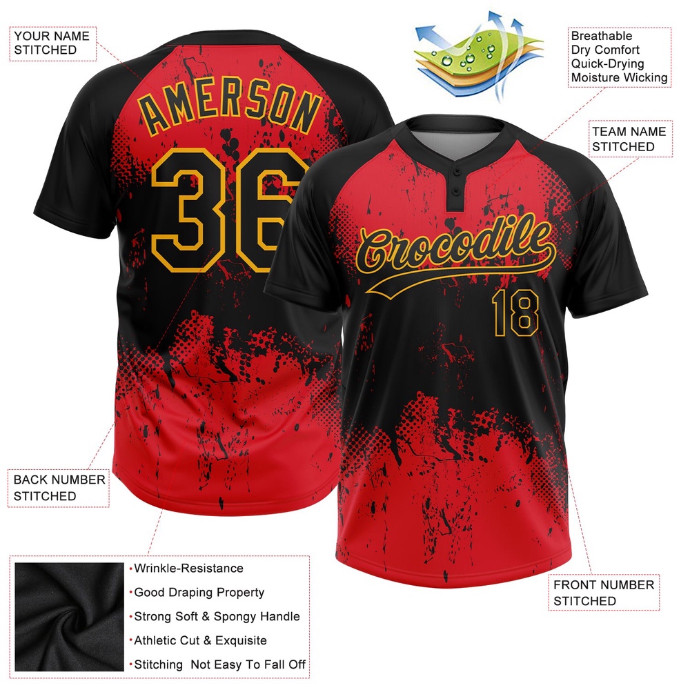 Red Black Gold 3D Pattern Two Button Unisex Softball Jersey, Custom Team Softball Jersey