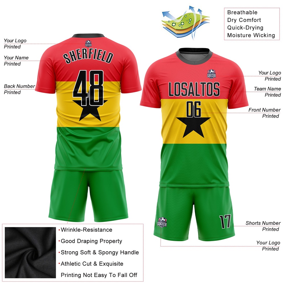 Red Black Gold Kelly Green Sublimation Ghanaian Flag Soccer Uniform Jersey, Custom Team Soccer Jersey Shirt