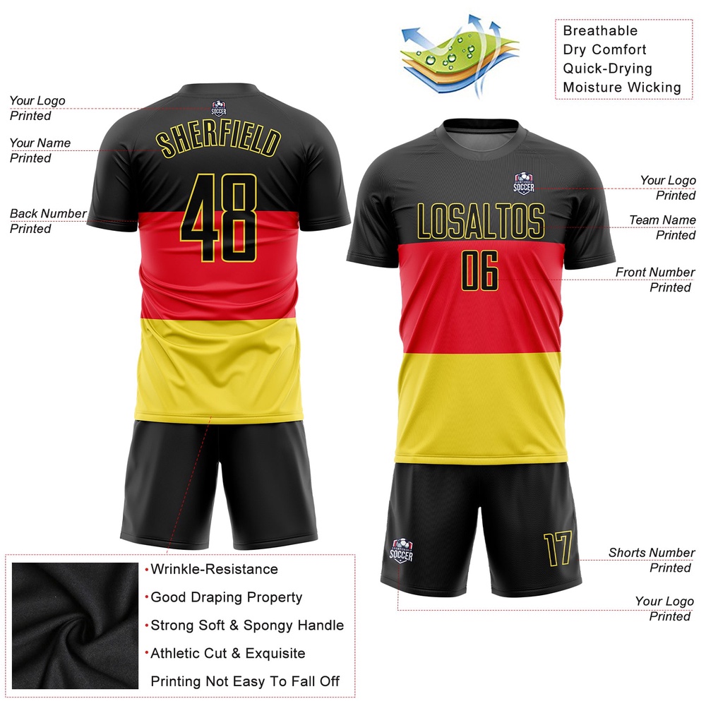 Red Black Gold Sublimation German Flag Soccer Uniform Jersey, Custom Team Soccer Jersey Shirt
