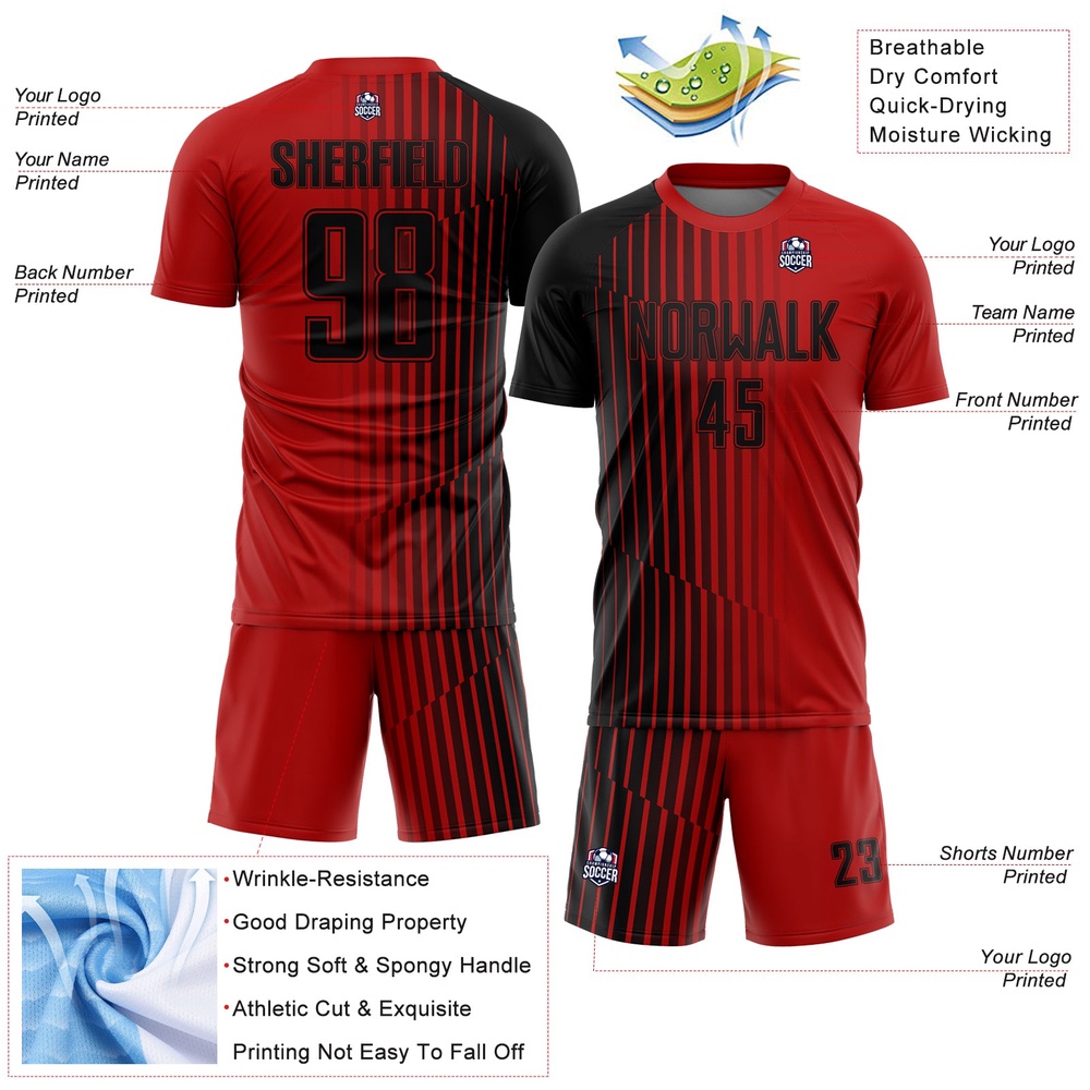 Red Black Lines Sublimation Soccer Uniform Jersey, Custom Team Soccer Jersey Shirt