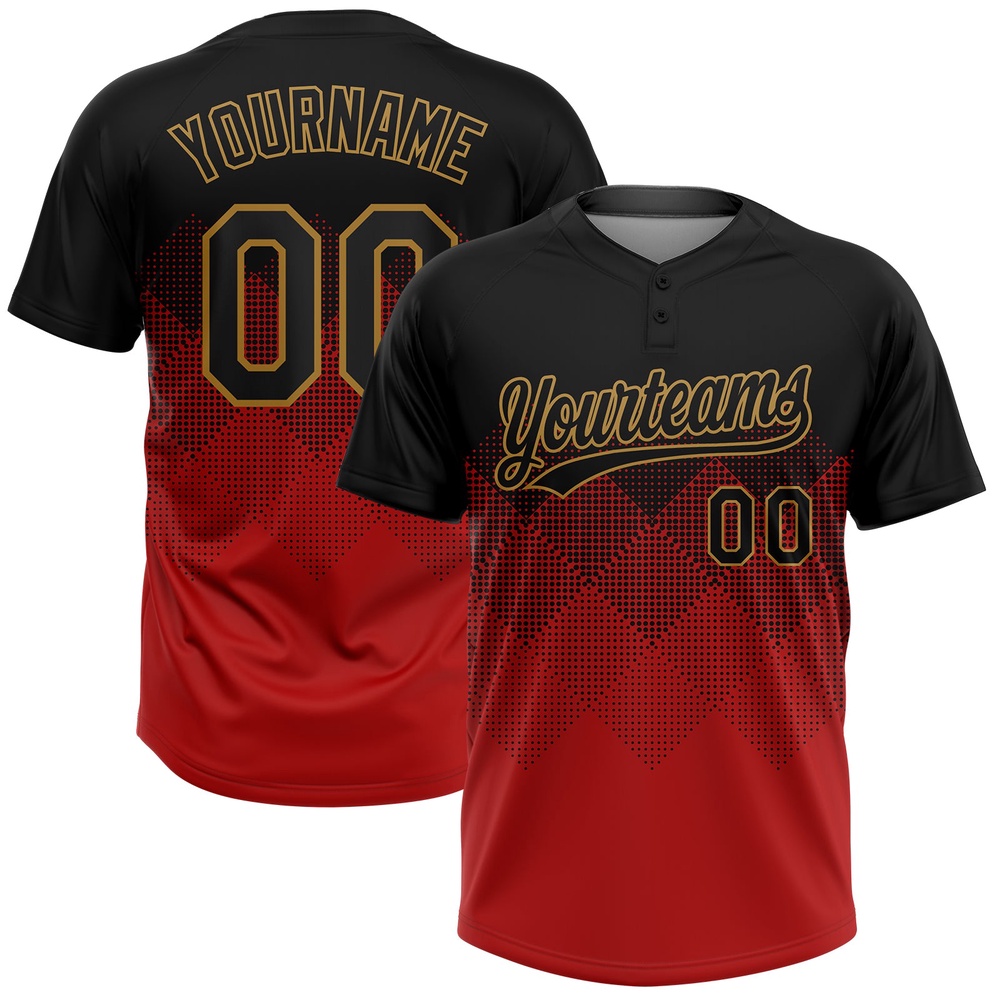 Red Black Old Gold 3D Pattern Two Button Unisex Softball Jersey, Custom Team Softball Jersey
