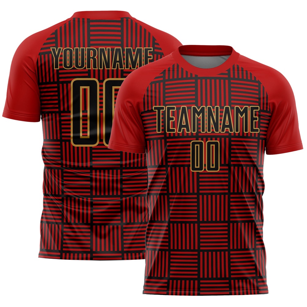 Red Black Old Gold Lines Sublimation Soccer Uniform Jersey, Custom Team Soccer Jersey Shirt
