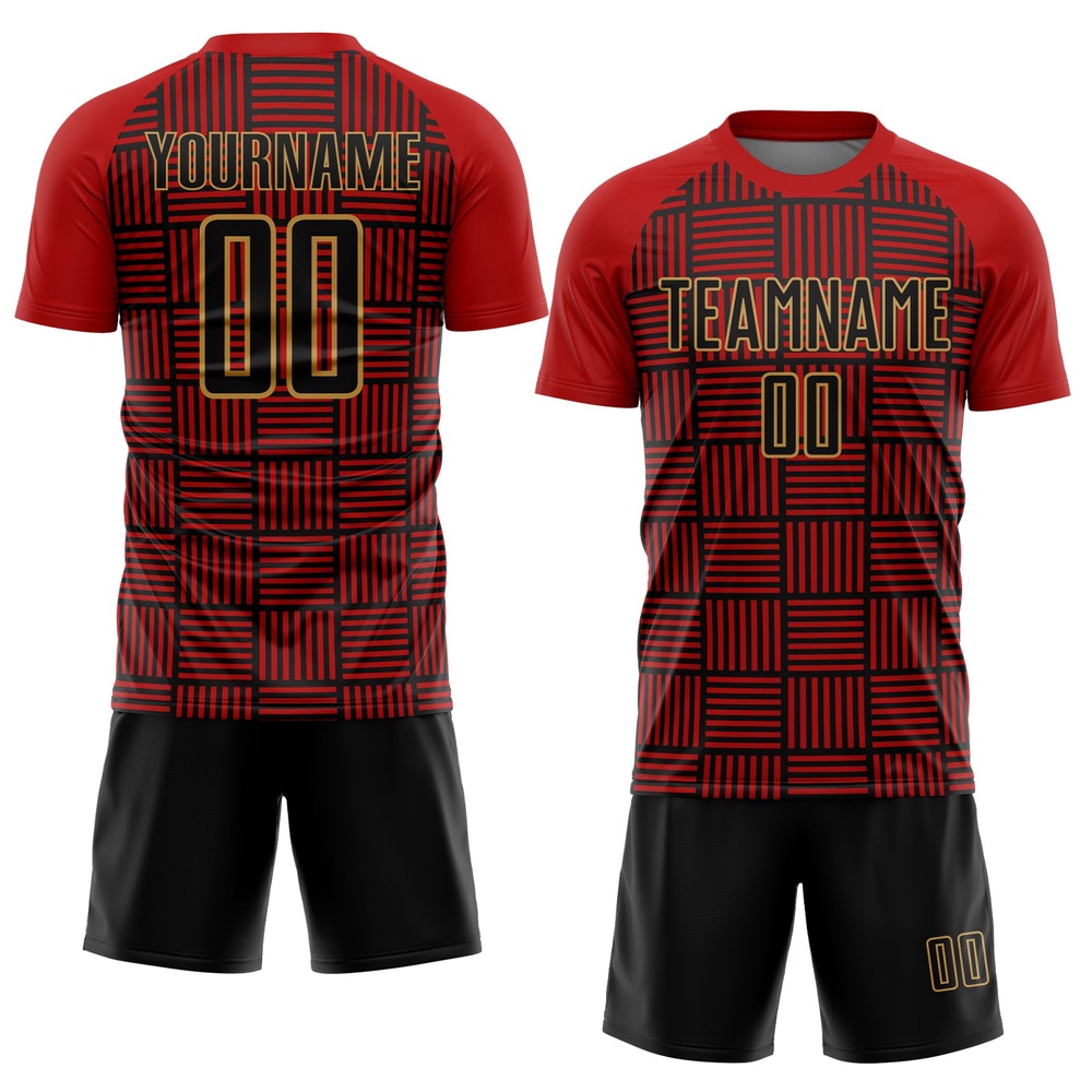 Red Black Old Gold Lines Sublimation Soccer Uniform Jersey, Custom Team Soccer Jersey Shirt