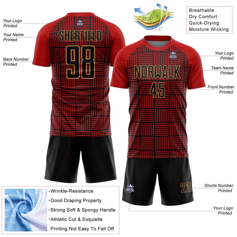 Red Black Old Gold Lines Sublimation Soccer Uniform Jersey, Custom Team Soccer Jersey Shirt