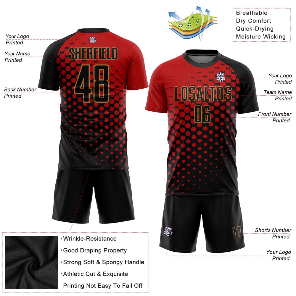 Red Black Old Gold Sublimation Soccer Uniform Jersey, Custom Team Soccer Jersey Shirt