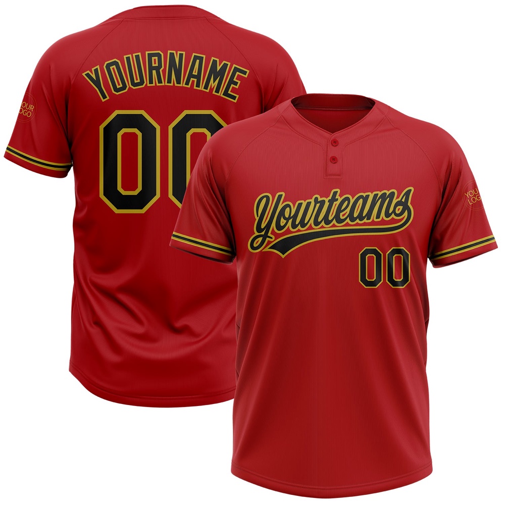 Red Black Old Gold Two Button Unisex Softball Jersey, Custom Team Softball Jersey