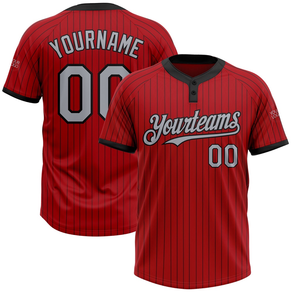 Red Black Pinstripe Gray Two Button Unisex Softball Jersey, Custom Team Softball Jersey