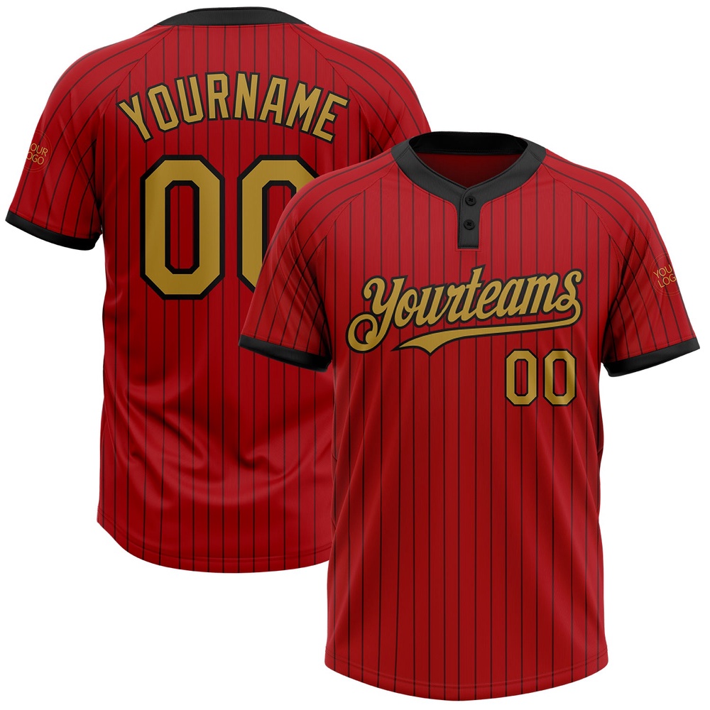 Red Black Pinstripe Old Gold Two Button Unisex Softball Jersey, Custom Team Softball Jersey