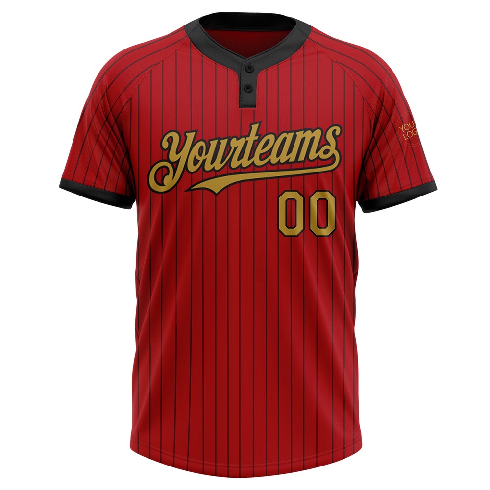 Red Black Pinstripe Old Gold Two Button Unisex Softball Jersey, Custom Team Softball Jersey