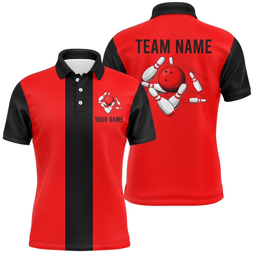 Red Black Retro Bowling Polo Shirts For Men Custom Vintage Bowling Team Polo Shirt, Personalized Bowling Team Shirt