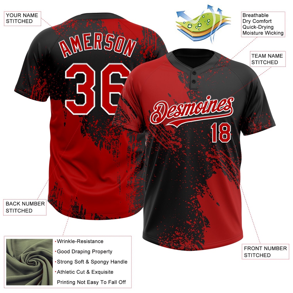 Red Black White 3D Pattern Abstract Brush Stroke Two Button Unisex Softball Jersey, Custom Team Softball Jersey